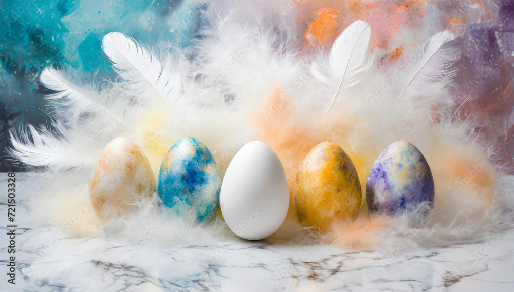 Wielkanocne tło,  kolorowe jajka pisanki w piórkach - obrazy, fototapety, plakaty 