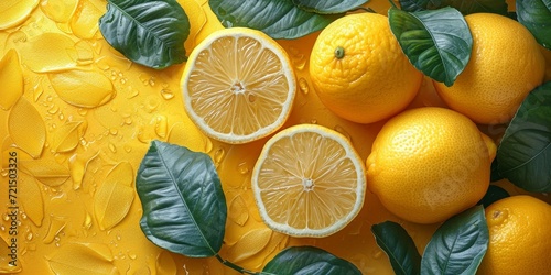A vibrant and diverse group of citrus fruits, including meyer lemons, bitter oranges, pomelos, and yuzu, create a beautiful and nutritious display of natural produce photo
