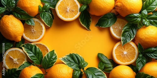 A vibrant group of diverse citrus fruits and leaves create a refreshing and healthy display of natural produce, including citron, bitter orange, rangpur, mandarin orange, meyer lemon, valencia orange photo