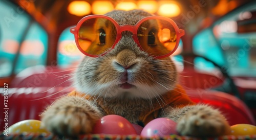 A cool cat mammal struts indoors, eyeing the stylish rabbit donning red sunglasses with envy