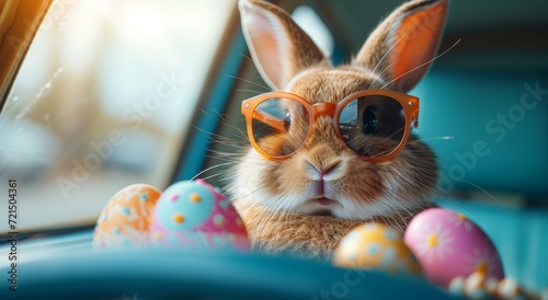 A wise domestic rabbit basks in the warm sun, adorned with glasses as it carefully carries a basket of colorful eggs