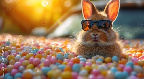 A cool and confident bunny basks in a rainbow of sweet indulgence, sporting stylish shades amidst a candy-coated wonderland photo