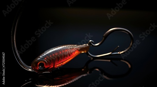 A detailed close-up of a fishing lure on a hook. This image can be used to illustrate fishing techniques and equipment in various publications photo