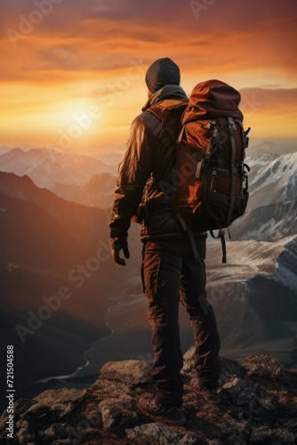 A man standing on top of a mountain, carrying a backpack. This image can be used to represent adventure, hiking, exploration, and outdoor activities