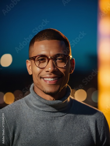 A man with glasses and a grey turtleneck sweater stands in front of a yellow and blue background.