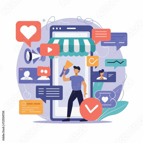 2d vector illustration colorful social media boost , influence blogger E-marketer via Internet pages marketing referral