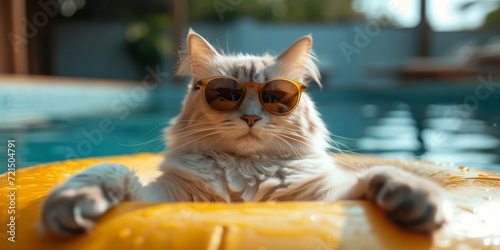 A stylish domestic feline sporting shades, basking in the warm hues of the outdoor sun photo