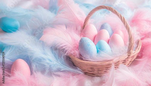 Piękne pastelowe tło wielkanocne , niebieskie i różowe jajka pisanki