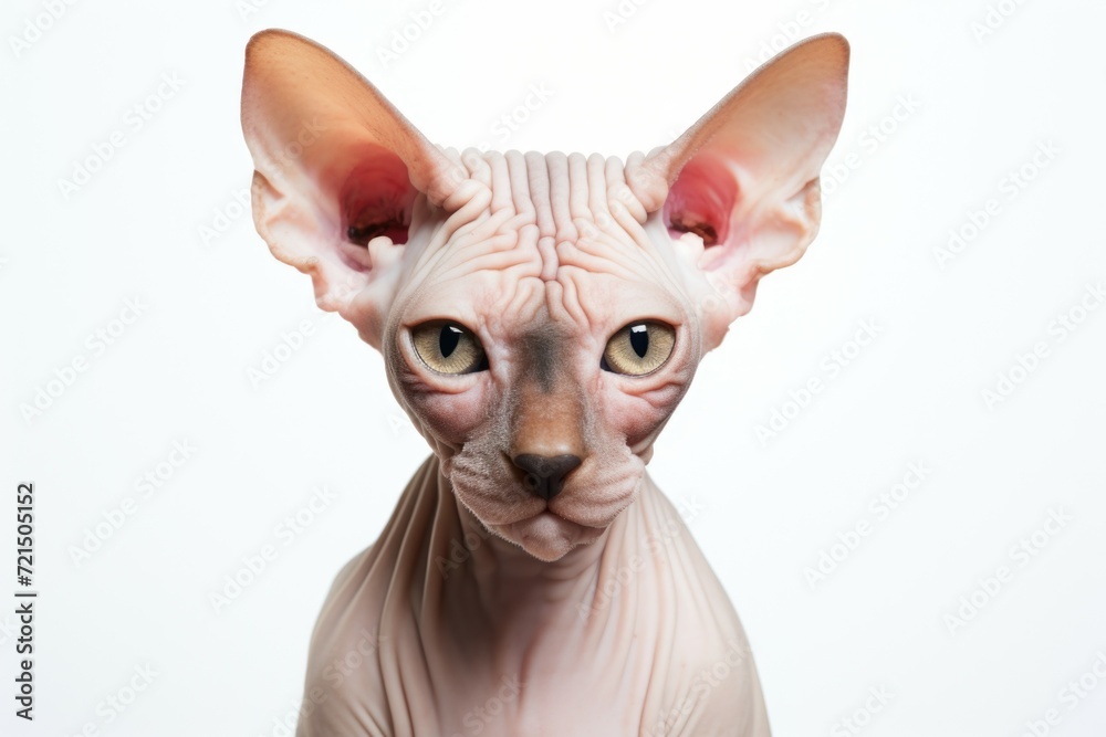 A close up view of a hairless cat on a white background. Can be used for pet-related articles or as a unique image for design projects
