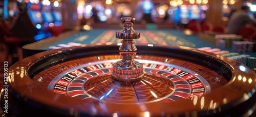 A spinning roulette wheel holds the fate of players, as a single ball teeters on top, tempting chance and testing luck in the lively atmosphere of a bustling casino