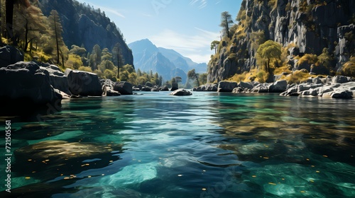 A mesmerizing shot of a turquoise blue lake surrounded by towering cliffs, with a waterfall cascading into its pristine waters. The sound of falling water adds to the serene ambiance © Nature Lover