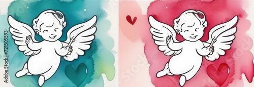 Illustration watercolour of greeting card white, cute, funny baby cupid angel with gold curly hair on pastels background. Promotion, shopping template for love and valentines, mothers day concept.