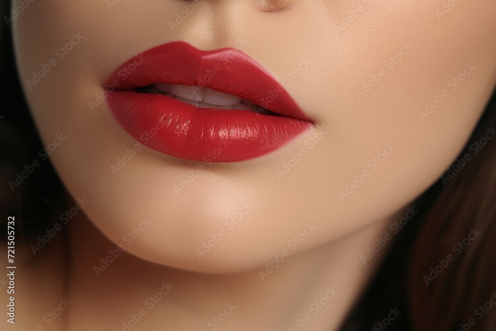 A close-up view of a woman's face with vibrant red lipstick. Perfect for beauty and makeup related projects A close-up view of a woman's face with vibrant red lipstick. Perfect for beauty and makeup related projects