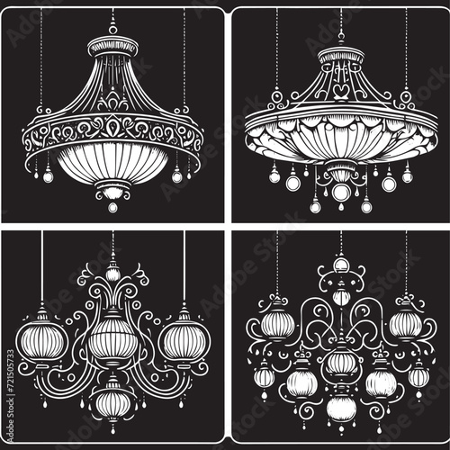 Interior clipart. Chandelier silhouette, crystal lamp lights cet. 