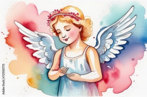 Illustration watercolour of greeting card white, cute, funny baby cupid angel with gold curly hair on pastels background. Promotion, shopping template for love and valentines, mothers day concept.