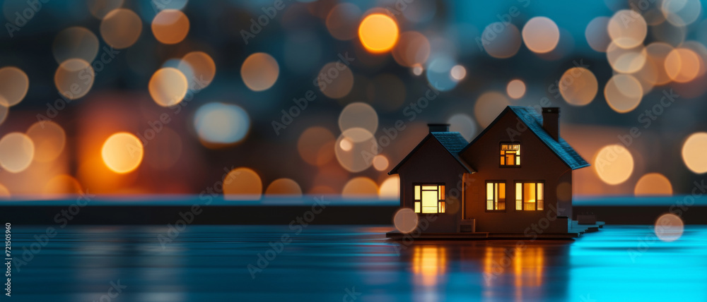 Warm light spills from a miniature house, casting a cozy glow against a backdrop of festive bokeh Warm light spills from a miniature house, casting a cozy glow against a backdrop of festive bokeh