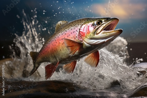 A dynamic image capturing a rainbow trout as it leaps out of the water.