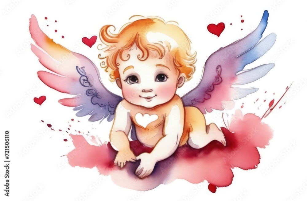 Illustration watercolour of greeting card white, cute, funny baby cupid angel with gold curly hair on pastels background. Promotion, shopping template for love and valentines, mothers day concept.