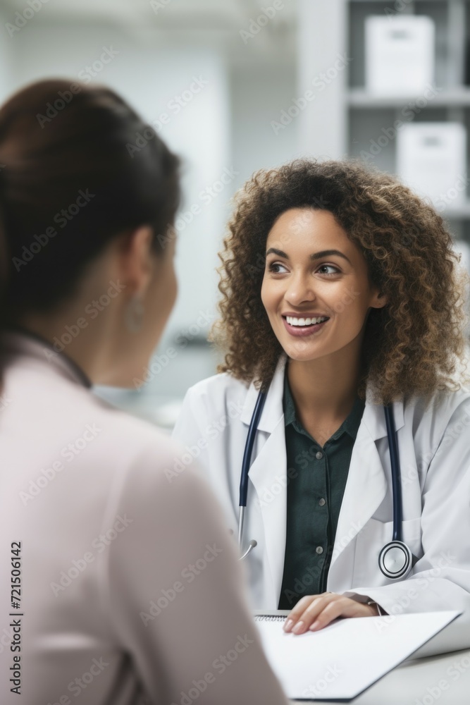 A female doctor engaged in a conversation with a female patient. Suitable for medical consultations and healthcare discussions A female doctor engaged in a conversation with a female patient. Suitable for medical consultations and healthcare discussions