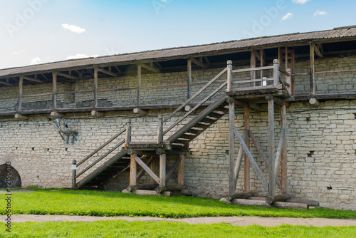 Pskov, Russia, September 6, 2024. Large wooden staircase to the fortress wall.