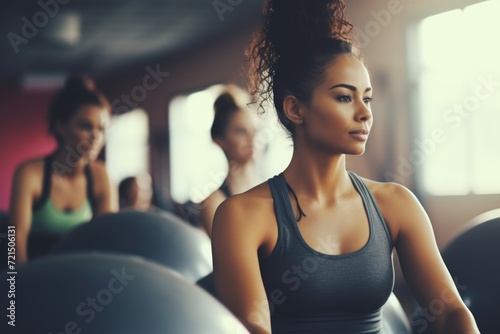 A group of women engaged in various fitness activities in a gym setting. This versatile image can be used to showcase women's fitness, group workouts, or promote gym memberships photo