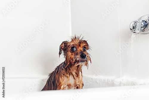 Cute wet dog taking a bath in a white bathroom