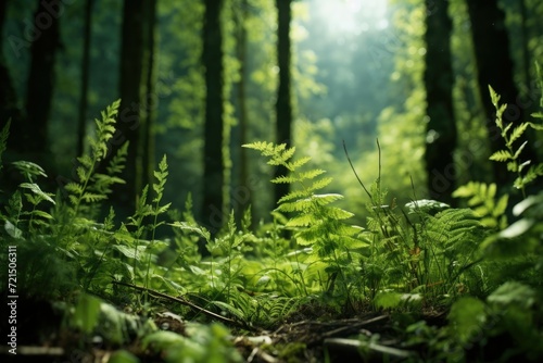 A vibrant forest filled with an abundance of green plants. Perfect for nature enthusiasts and environmental campaigns
