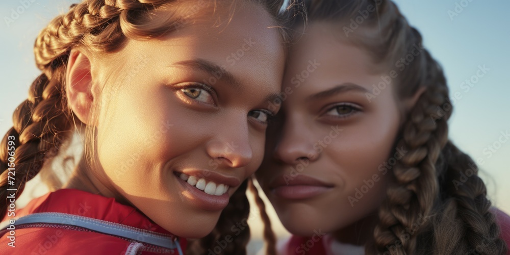 Obraz premium Two girls with braids smiling at the camera. Suitable for family, friendship, and happiness concepts