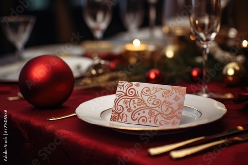 A place setting with a red table cloth. Can be used for various dining and event themes