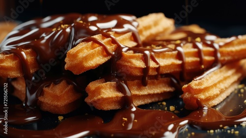 A delicious pile of chocolate covered waffles on a plate. Perfect for breakfast or dessert
