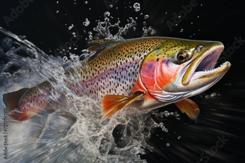 A vibrant rainbow trout leaping out of the water. Perfect for nature or fishing-themed projects