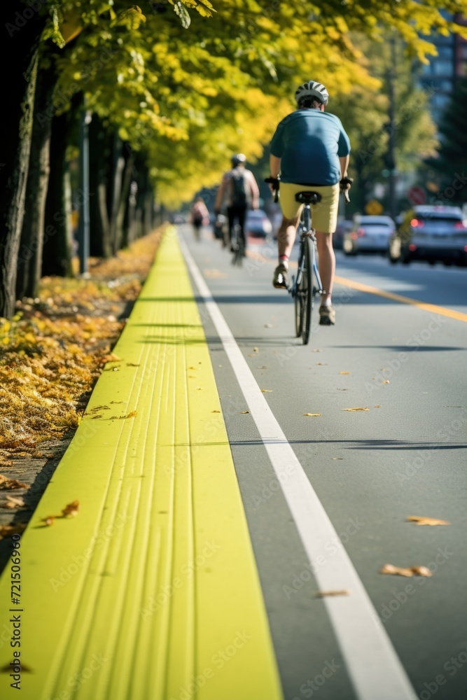 A man is seen riding a bike down a street lined with trees. This image can be used to depict a leisurely bike ride or to showcase urban cycling