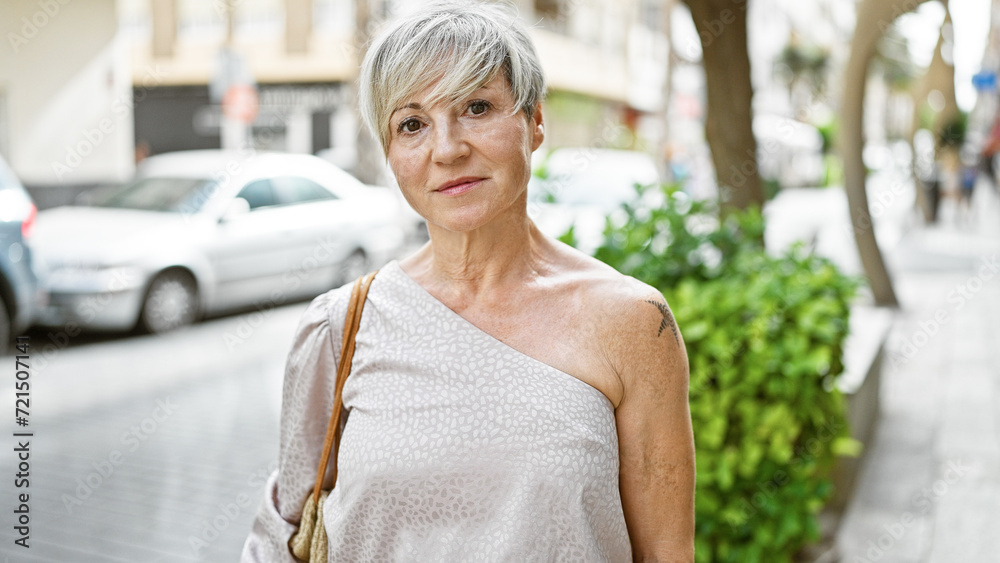 Mature hispanic woman with grey short hair posing confidently outdoors in an urban city setting.
