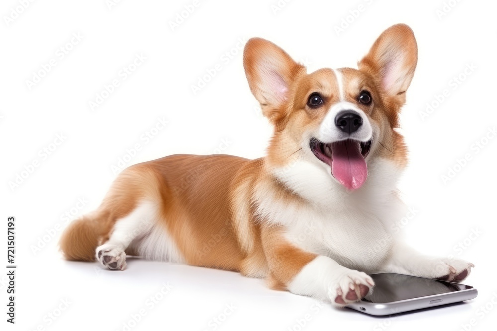 A joyful Pembroke Welsh Corgi lying down with a smartphone, portraying a modern, tech-friendly pet lifestyle.