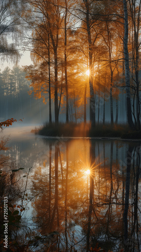 Delightful beautiful enchanting fall landscape with trees with yellow foliage reflected in water, fog and sun rays at dawn. Wallpaper. Vertical. © alisluch