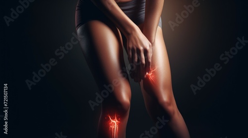 Woman with a painful knee in a dark room. Can be used for medical or healthcare related concepts