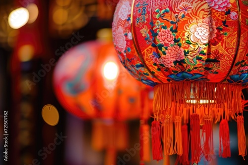 Close-up of a traditional red Chinese lantern decorated with gold patterns  symbolizing celebration and culture
