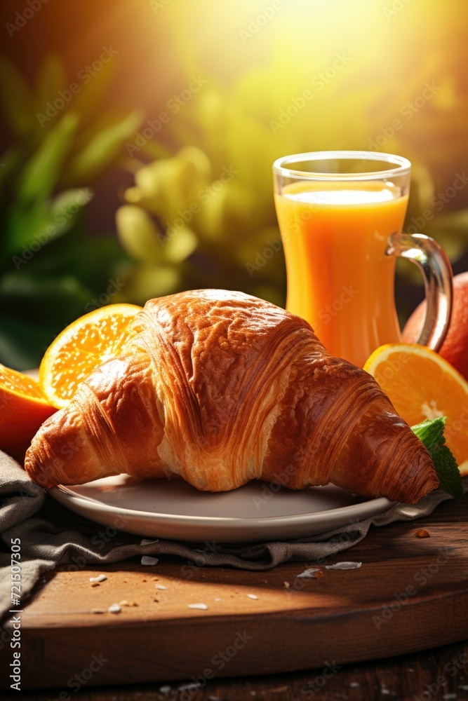A delicious croissant on a plate accompanied by a refreshing glass of orange juice. Perfect for breakfast or brunch