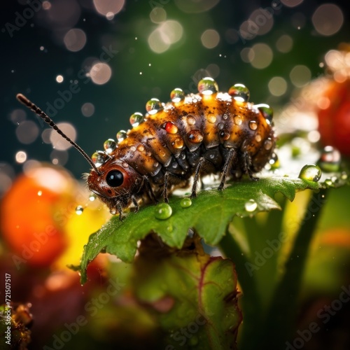 caterpillar playing with droplet on the leave