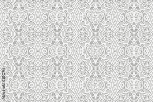 Embossed stylish white background, vintage cover design. Handmade, boho, doodle, zentagle. Geometric ethnic 3D pattern. Ornaments, arabesques. Exotic of the East, Asia, India, Mexico, Aztec, Peru.