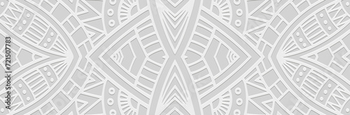 Banner, tribal cover design. Relief ethnic geometric creative 3D pattern on a white background from ornaments. Exotic of the East, Asia, India, Mexico, Aztec, Peru.