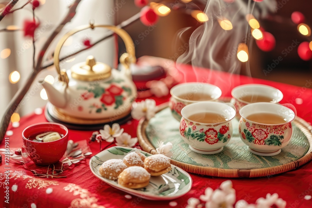 Fototapeta premium Traditional Chinese Tea Set; Warm Tea with Pastries; Elegant Afternoon Tea Ceremony
