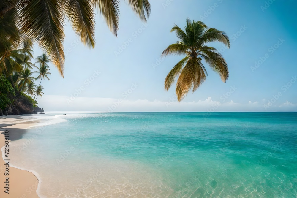 A serene tropical beach panorama, showcasing the tranquil seascape and a wide, seemingly endless horizon