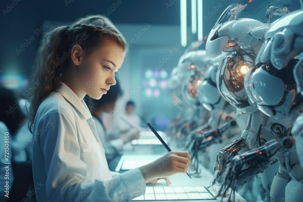 A girl sits in front of a group of robots, focused on writing on a piece of paper.