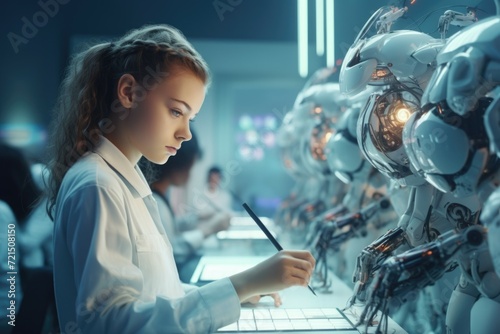 A girl sits in front of a group of robots  focused on writing on a piece of paper.