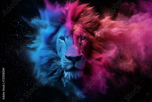 holi powder colorful burst in shape of lion head on a black background, 3d © World of AI