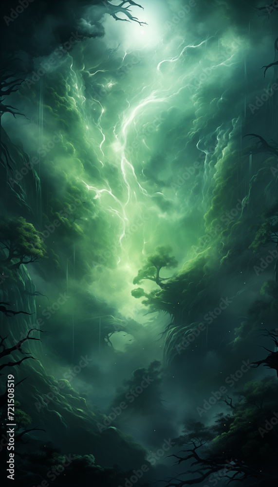 Magical green fairytale forest with trees as dreamy background illustration wallpaper