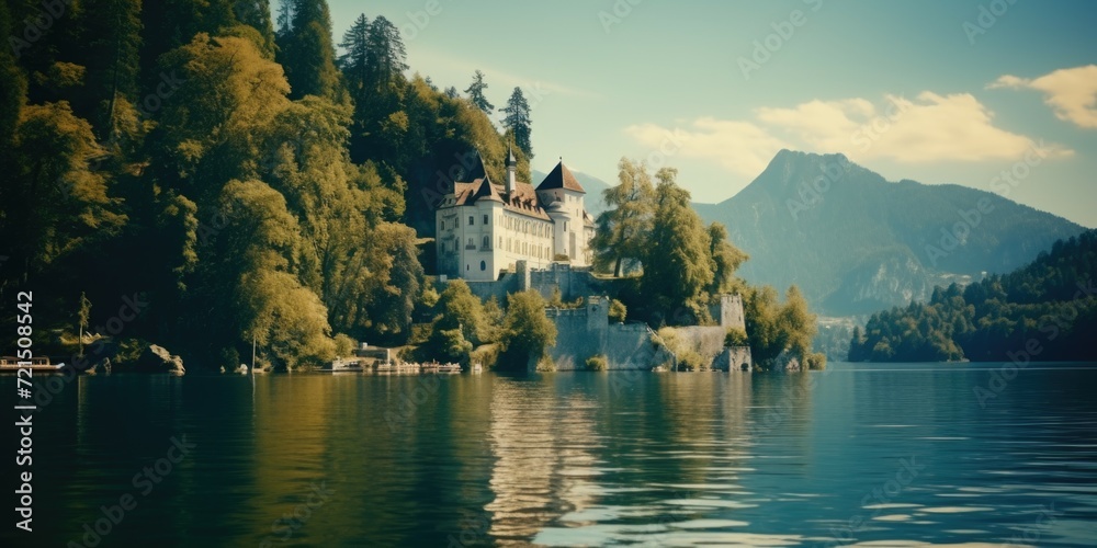 A beautiful castle perched on top of a vibrant green hillside. Perfect for travel, fantasy, or historical-themed projects