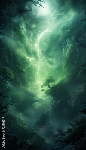 Magical green fairytale forest with trees as dreamy background illustration wallpaper