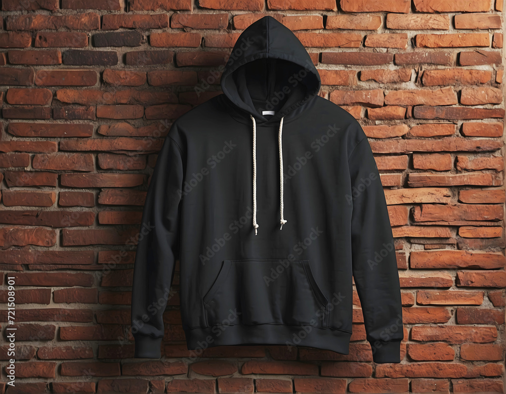 Black blank empty hoodie Mock up template isolated on brick wall background, clothing and fashion, lifestyle concept